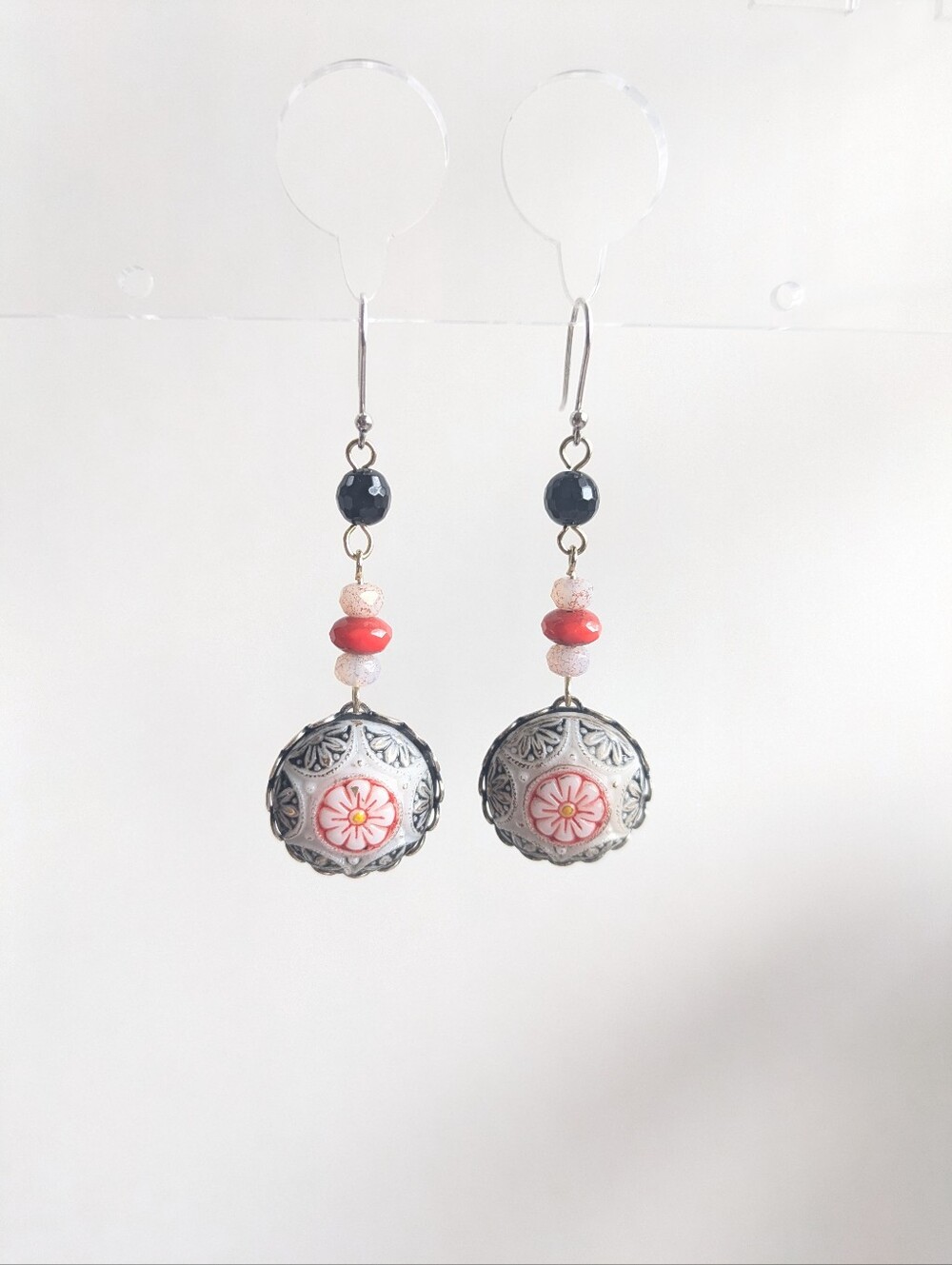 Handcrafted Silver Floral Drop Earrings with Black and Coral color glass beads